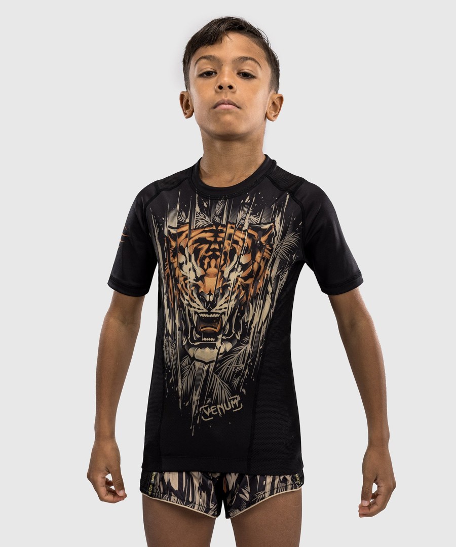 venum tiger kids rashguard met korte mouwen - zwartneonoranje